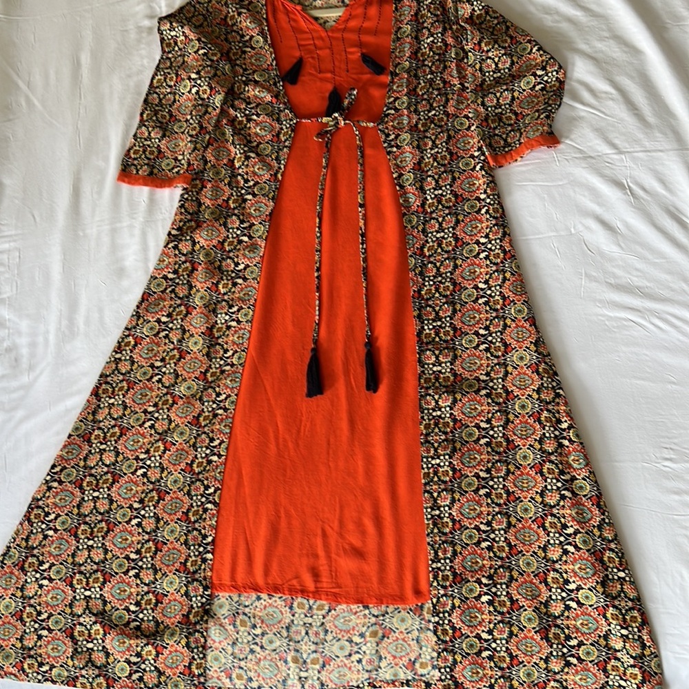 Womens Long Tunic/Dress Size M Orange/Multicolor Split V Neck 3/4 Sleeves